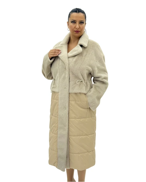 Büyük Beden Kürklü Düğmeli Şişme Uzun Oversize Kadın Kaban ürün görseli 1