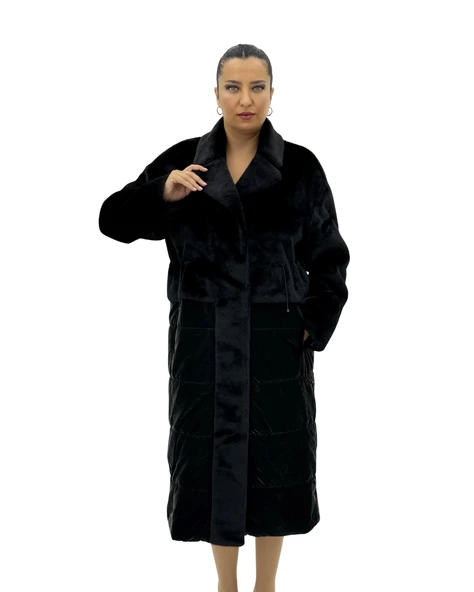 Büyük Beden Kürklü Düğmeli Şişme Uzun Oversize Kadın Kaban - Resim 7