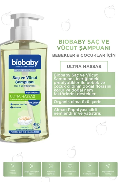 Biobaby Ultra Hassas Saç Ve Vücut Şampuanı 500 ml Prebiyotik Allman Papatyası - Organik Içerik 2 Li Set - Resim 4