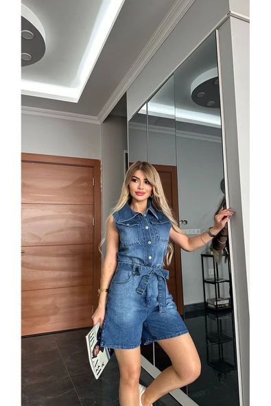 TANE TASARIM Kadın Kısa Kot Tulum 024 - Resim 2