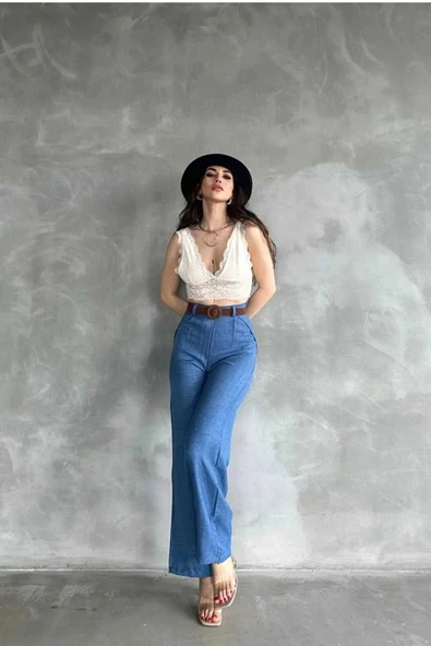 TANE TASARIM Kadın Yazlık Trend Beli Kemerli Keten Pantolon Yüksek Bel İspanyol Paça 024 - Resim 4