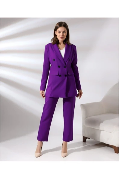 TANE TASARIM Kadın Kruvaze Blazer Ceket Pamuklu Atlak Kumaş Pantolon Sarı Takım Elbise 024 - Resim 7