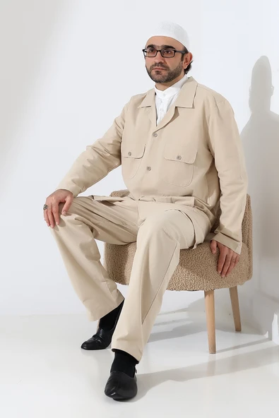 Erkek Keten İkili Safari Takım - Hac ve Umre Kıyafeti Bej (SFA) - Resim 8