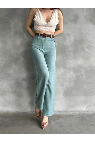 TANE TASARIM Kadın Yazlık Trend Beli Kemerli Keten Pantolon Yüksek Bel İspanyol Paça 024 - Resim 2