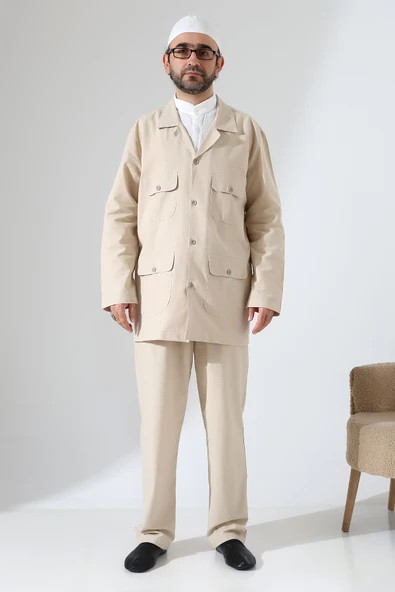 Erkek Keten İkili Safari Takım - Hac ve Umre Kıyafeti Bej (SFA) - Resim 3