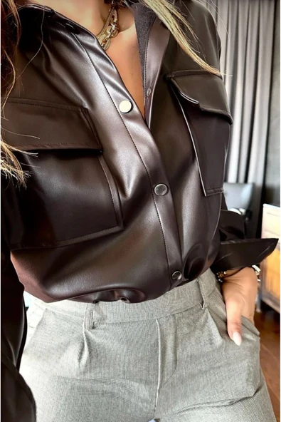 TANE TASARIM Cepli Deri Gömlek Acı Kahve 024 ürün görseli 1