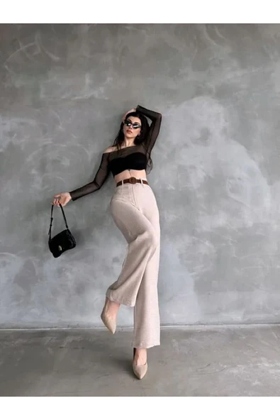 TANE TASARIM Kadın Yazlık Trend Beli Kemerli Keten Pantolon Yüksek Bel İspanyol Paça 024 - Resim 7