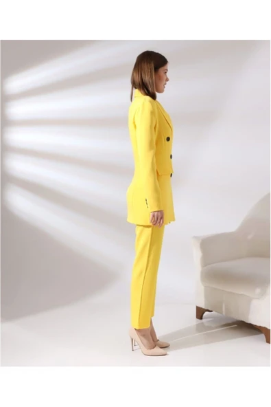 TANE TASARIM Kadın Kruvaze Blazer Ceket Pamuklu Atlak Kumaş Pantolon Sarı Takım Elbise 024 - Resim 2