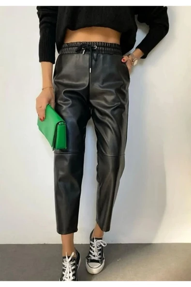 TANE TASARIM Deri Beli Lastikli Havuç Pantolon Siyah 024 ürün görseli 1