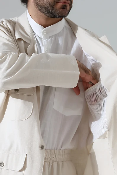 Erkek Keten İkili Safari Takım - Hac ve Umre Kıyafeti Krem (SFA) - Resim 4