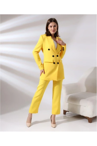 TANE TASARIM Kadın Kruvaze Blazer Ceket Pamuklu Atlak Kumaş Pantolon Sarı Takım Elbise 024 ürün görseli 1
