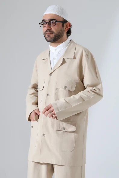 Erkek Keten İkili Safari Takım - Hac ve Umre Kıyafeti Bej (SFA) - Resim 6