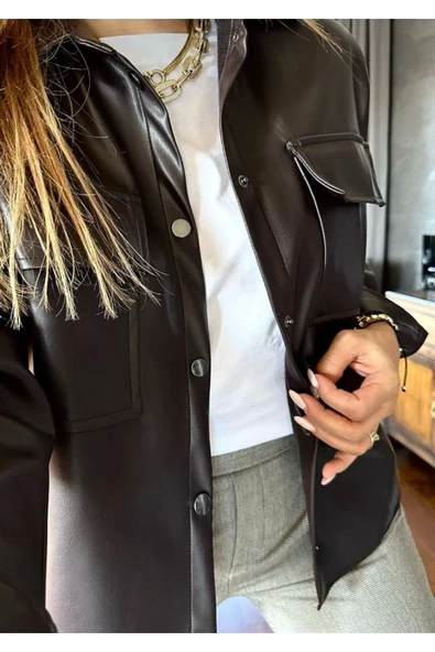 TANE TASARIM Cepli Deri Gömlek Acı Kahve 024 - Resim 2