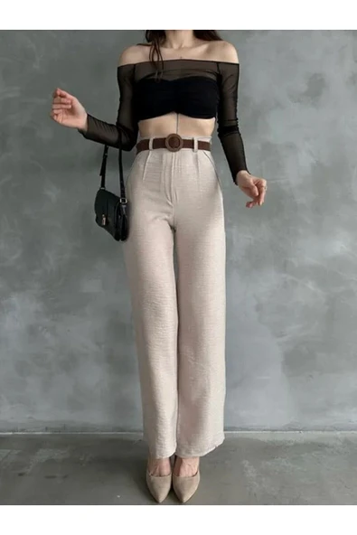 TANE TASARIM Kadın Yazlık Trend Beli Kemerli Keten Pantolon Yüksek Bel İspanyol Paça 024 - Resim 6