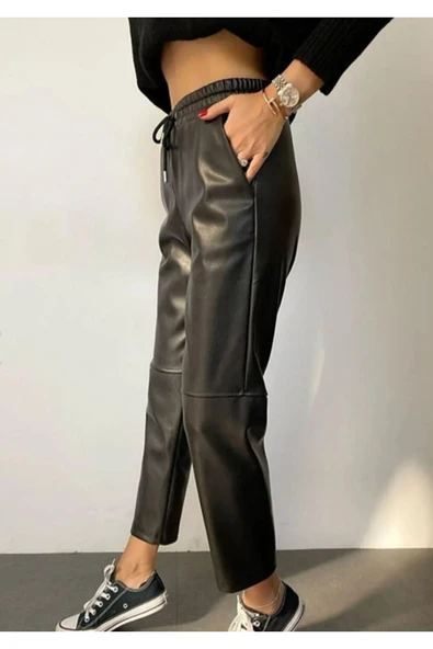 TANE TASARIM Deri Beli Lastikli Havuç Pantolon Siyah 024 - Resim 2