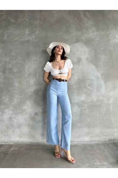 TANE TASARIM Beli kemerli keten pantolon ürün görseli 1