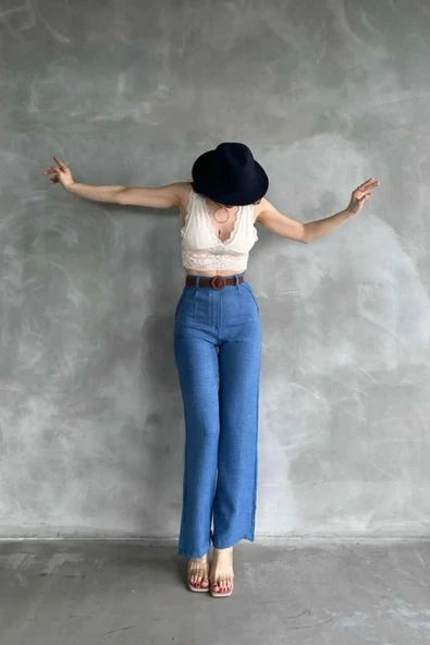 TANE TASARIM Kadın Yazlık Trend Beli Kemerli Keten Pantolon Yüksek Bel İspanyol Paça 024 - Resim 3