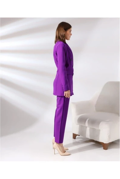 TANE TASARIM Kadın Kruvaze Blazer Ceket Pamuklu Atlak Kumaş Pantolon Sarı Takım Elbise 024 - Resim 9