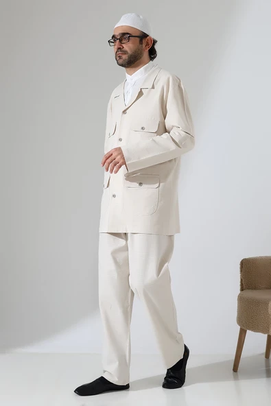 Erkek Keten İkili Safari Takım - Hac ve Umre Kıyafeti Krem (SFA) - Resim 5