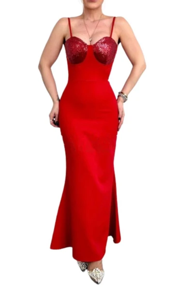 TANE TASARIM Atlas Krep Kumaş Göğüs Işlemeli Yırtmaçlı Askılı Uzun Abiye Elbise Kırmızı Kına Elbisesi 024 ürün görseli 1