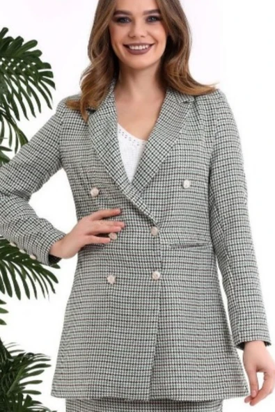 TANE TASARIM Kadın Kruvaze Uzun Blazer Ceket Ekoseli Renkli Blazer Ceket 025 ürün görseli 1