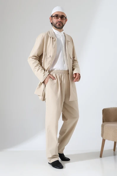 Erkek Keten İkili Safari Takım - Hac ve Umre Kıyafeti Bej (SFA) - Resim 2