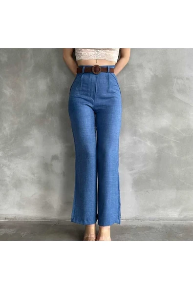TANE TASARIM Kemerli Pamuklu Keten Bol Paça Mavi Pantolon 024 ürün görseli 1
