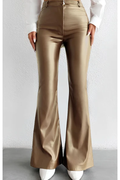 TANE TASARIM Kadın Ispanyol Paça Gold Deri Pantolon 024 - Resim 2