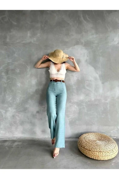 TANE TASARIM Kadın Yazlık Trend Beli Kemerli Keten Pantolon Yüksek Bel İspanyol Paça 024 ürün görseli 1