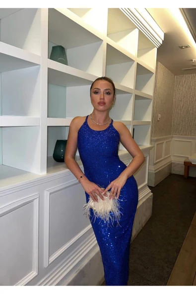 Laren Siyah pul payetli sırtı çaprazlı astarlı kalem elbise - Resim 2