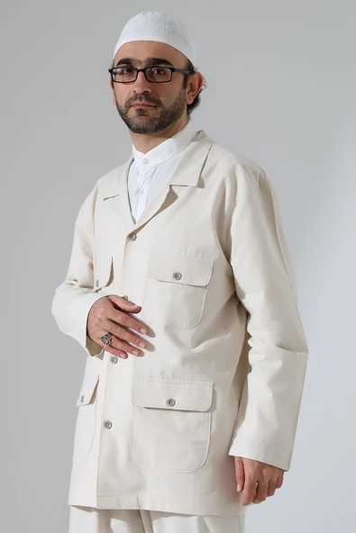 Erkek Keten İkili Safari Takım - Hac ve Umre Kıyafeti Krem (SFA) - Resim 6