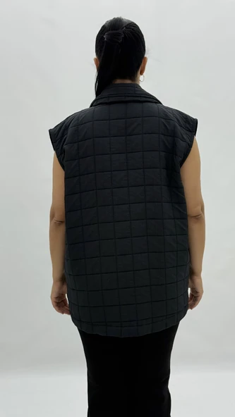 Büyük Beden Kapitone Düğmeli Cepli Fermuar Detaylı Viskon Oversize Kadın Yelek - Resim 9