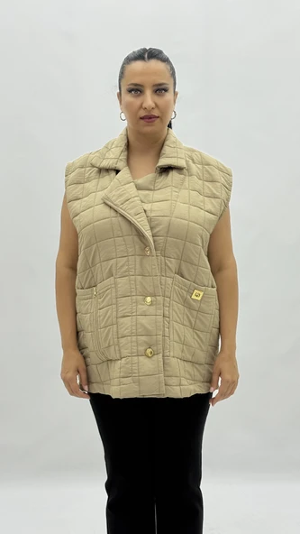 Büyük Beden Kapitone Düğmeli Cepli Fermuar Detaylı Viskon Oversize Kadın Yelek ürün görseli 1