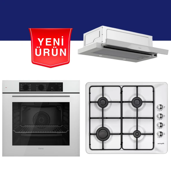 Ferre & Eminçelik Beyaz Ankastre Set ( QBL62CB + EMİNÇELİK 3140 WE60 31 221 NG  + D037 Aspiratör ) ürün görseli 1