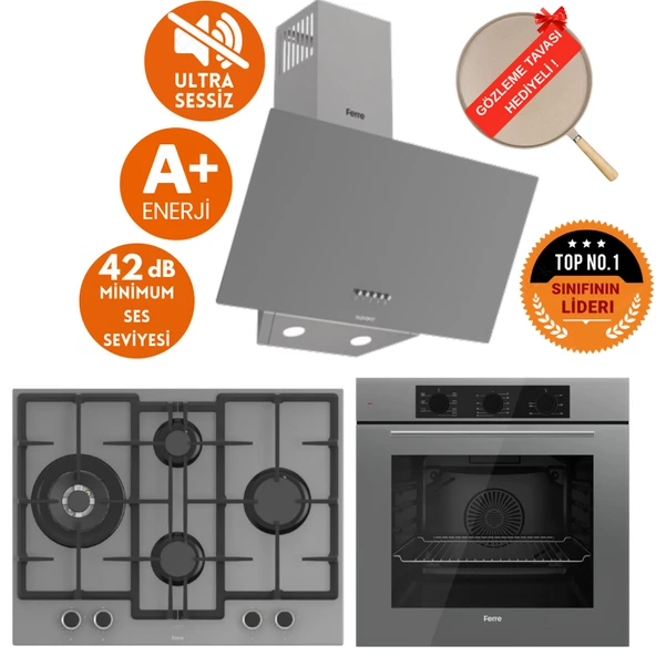 Ferre FlowArt&SilentArt GERA/Sessiz Antrasit Gri Ankastre Set (D088-SA + QBL62CPR +ED078-WFA 1'wok) ürün görseli 1