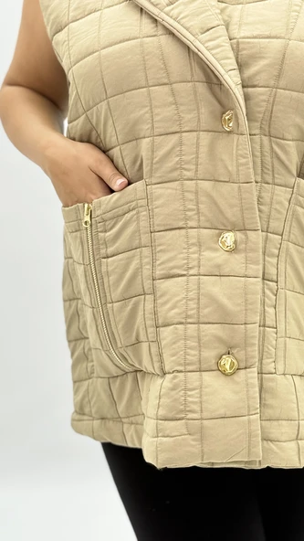 Büyük Beden Kapitone Düğmeli Cepli Fermuar Detaylı Viskon Oversize Kadın Yelek - Resim 5