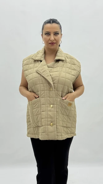 Büyük Beden Kapitone Düğmeli Cepli Fermuar Detaylı Viskon Oversize Kadın Yelek - Resim 2
