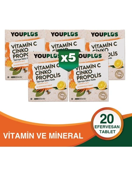 Youplus Vitamin C Çinko Propolis 20 Efervesan Tablet 5 Adet ürün görseli 1