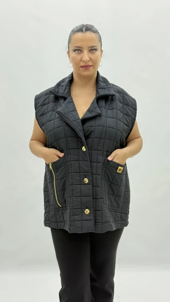 Büyük Beden Kapitone Düğmeli Cepli Fermuar Detaylı Viskon Oversize Kadın Yelek - Resim 7