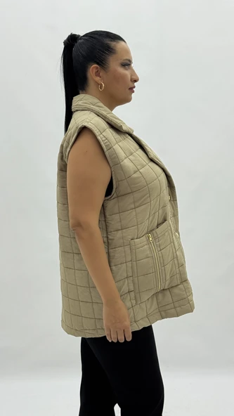 Büyük Beden Kapitone Düğmeli Cepli Fermuar Detaylı Viskon Oversize Kadın Yelek - Resim 3