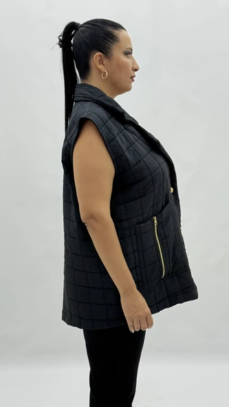 Büyük Beden Kapitone Düğmeli Cepli Fermuar Detaylı Viskon Oversize Kadın Yelek - Resim 8