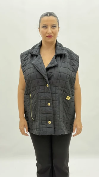 Büyük Beden Kapitone Düğmeli Cepli Fermuar Detaylı Viskon Oversize Kadın Yelek - Resim 6