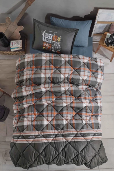 Clasy Ranforce %100 Pamuk Tek Kişilik Yorgan Seti Rock in roll V1 Gri ürün görseli 1