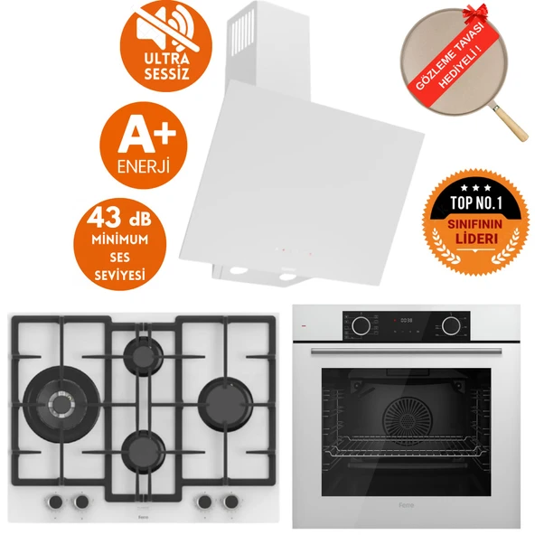 Ferre FryArt&FlowArt Rino Sessiz Davlumbaz Beyaz Cam Ankastre  Set ( D078-SA + ED076-WFA + XE63CB ) ürün görseli 1