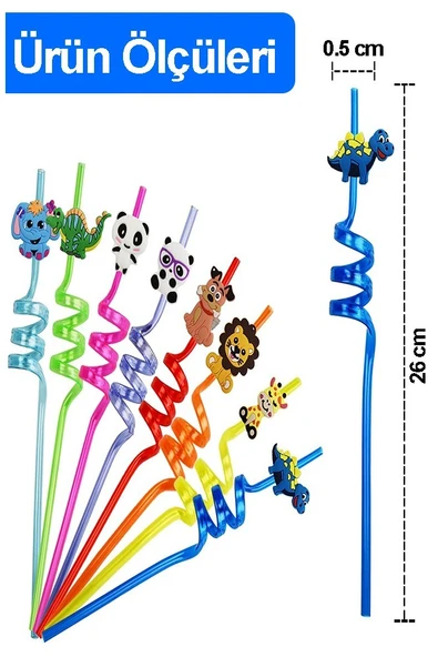 Figürlü Pipet 8 Adet Sevimli Renkli Kıvrımlı Pipet 26 cm Ev Dekoratif Kokteyl Yıkanabilir Emoji Çocuklar İçin - Resim 2