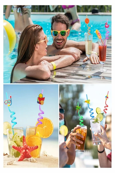 Figürlü Pipet 8 Adet Sevimli Renkli Kıvrımlı Pipet 26 cm Ev Dekoratif Kokteyl Yıkanabilir Emoji Çocuklar İçin - Resim 6