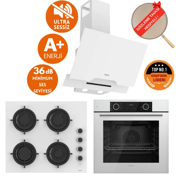 Ferre FryArt&FlowArt Dino Sessiz Davlumbaz Beyaz Cam Ankastre  Set ( D064-SA + CS206-FA  + XE63CB ) ürün görseli 1