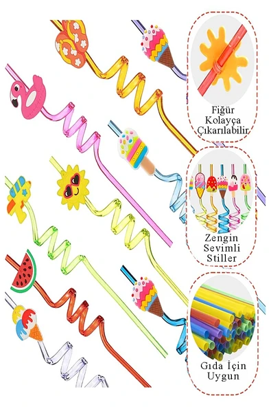 Figürlü Pipet 8 Adet Sevimli Renkli Kıvrımlı Pipet 26 cm Ev Dekoratif Kokteyl Yıkanabilir Emoji Çocuklar İçin - Resim 4
