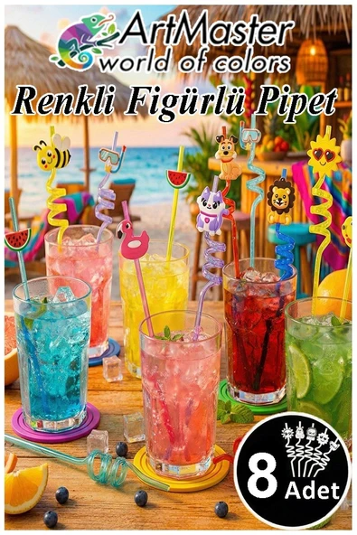 Figürlü Pipet 8 Adet Sevimli Renkli Kıvrımlı Pipet 26 cm Ev Dekoratif Kokteyl Yıkanabilir Emoji Çocuklar İçin ürün görseli 1