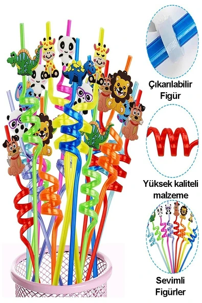 Figürlü Pipet 8 Adet Sevimli Renkli Kıvrımlı Pipet 26 cm Ev Dekoratif Kokteyl Yıkanabilir Emoji Çocuklar İçin - Resim 3